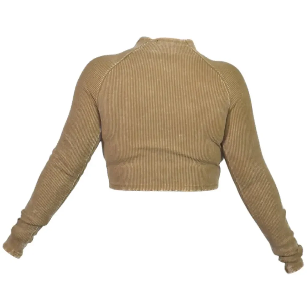 Fashion Nova Corset Crop Top Brown Washed Ribbed Long Sleeve Bustier Size Medium - Picture 15 of 15